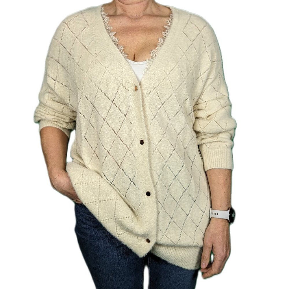 Lacy Cream colored Cardigan with lace trim, v neck button up the front NWT